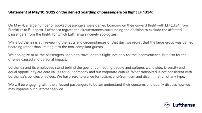 汉莎航空道歉声明