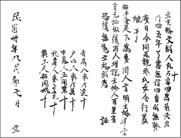 1941年陇东地区一个妇女因丈夫外出无音信要求再嫁的合同文书