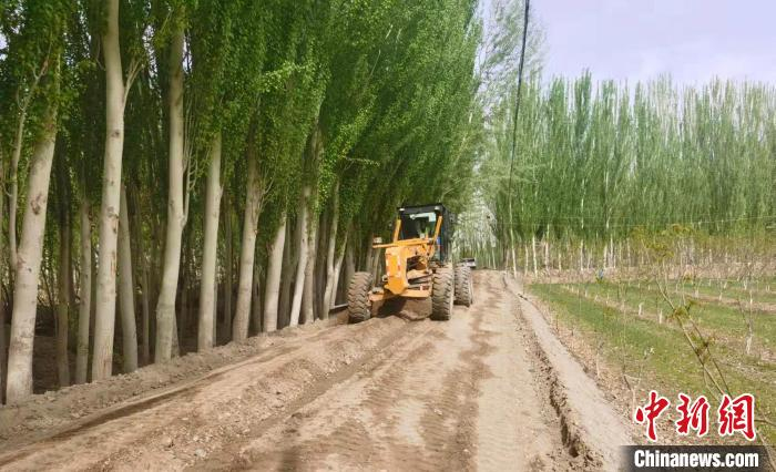 新疆阿瓦提县拜什艾日克镇土地综合整治项目，平地机在机耕道施工现场。　陈爽 摄