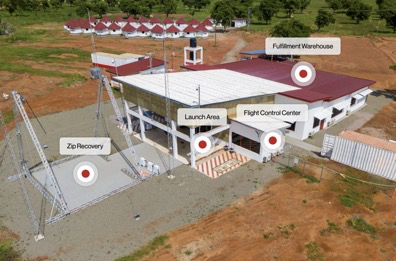 一个配送中心由仓库、发射区、飞行管制中心、回收区4部分组成｜图片来源：Zipline