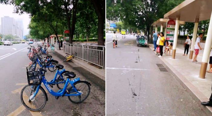 “小巷管家”常凯2019年曾反馈一公交站前共享单车占用公交车道，之后得到治理。  受访者供图