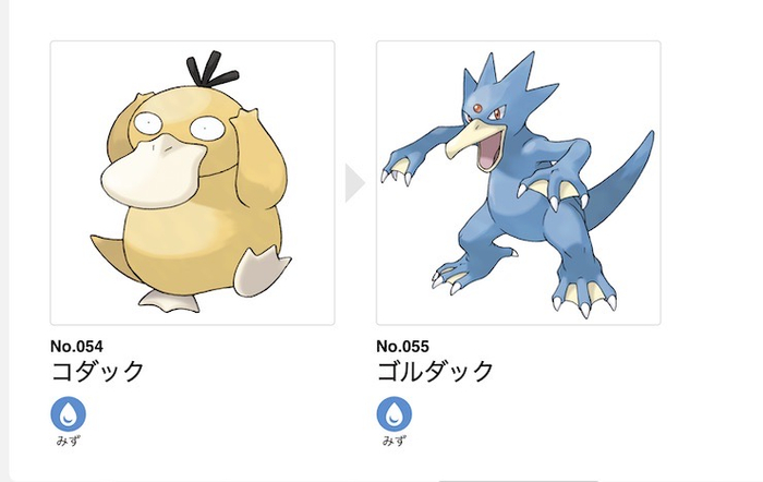 游戏中，可达鸭设定为一只鸭宝可梦，拥有足够经验时，可进化为哥达鸭。  宝可梦图鉴官网 图