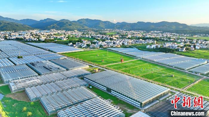 5月29日，江西省赣州市于都县梓山镇潭头村，夕阳余晖映衬着整齐排列的蔬菜大棚。　朱海鹏 摄