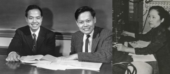 1960年代初的理论物理学家杨振宁（左2）、李政道（左1）和实验物理学家吴健雄（右）