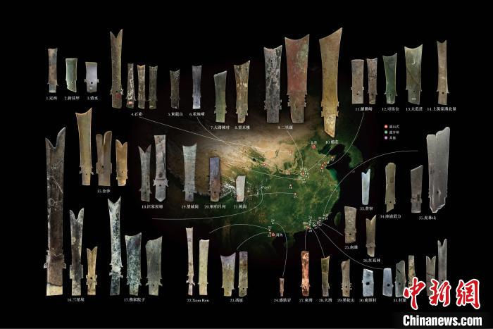 多处遗址出土牙璋比较研究示意图。　邓聪  供图