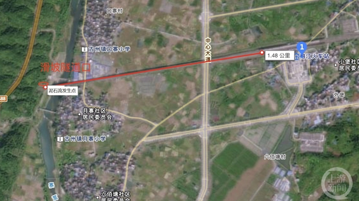 ▲D2809次列车在隧道口撞击泥石流体后继续行驶了至少1.48公里进入榕江站。图片来源/地图软件