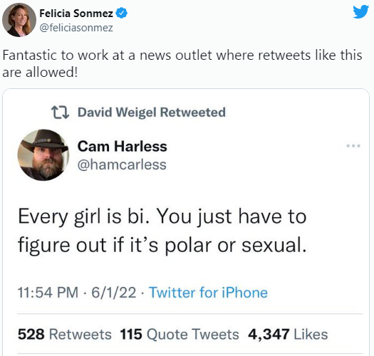 桑梅兹4日发推贴出维格尔转发行为的截图，并讽刺称：“能在一个允许转发这样推文的新闻机构工作真是太不可思议了！”