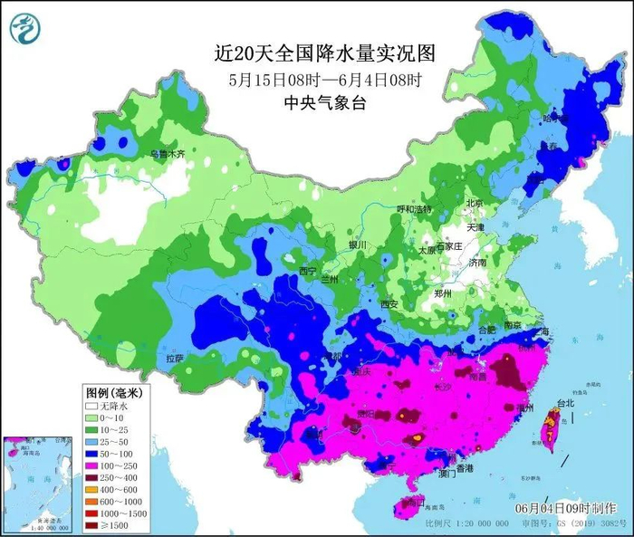 5月15日8时至6月4日8时降水分布，图：中央气象台。
