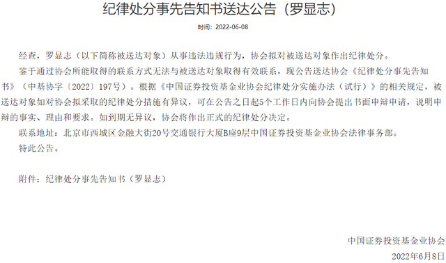 纪律处分事先告知书送达公告（罗显志），来源：中基协