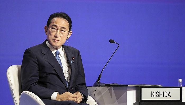 2022年6月10日，新加坡，日本首相岸田文雄进行主旨演讲。图片来源：视觉中国