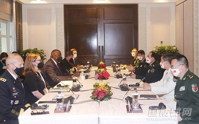 ▲国务委员兼国防部长魏凤和正在与同期参会的美国国防部长奥斯汀举行会谈。图/国防部官网
