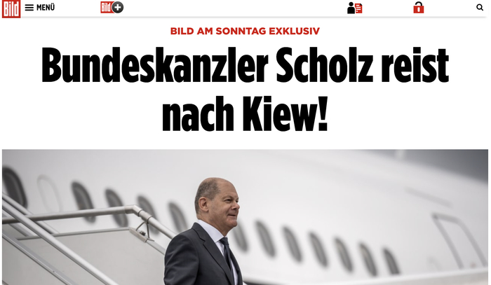 德媒《图片报》当地时间6月11日23时57分发布的“朔尔茨总理前往基辅！”独家报道截图
