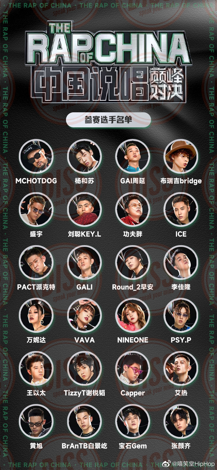《中国说唱巅峰对决》终于官宣!24位Rapper比赛阵容!|刘聪|热狗|黄旭|以太|功夫_新浪娱乐_新浪新闻