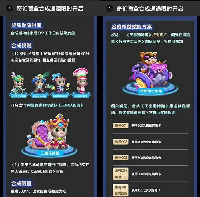 “汤姆猫奇幻冒险盲盒”合成玩法规则