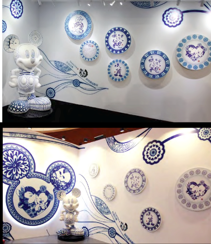2014年，迪士尼90周年，以青花瓷元素为米奇与朋友们创作出典雅的感觉。受访者供图