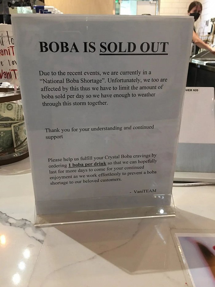2021年某奶茶店出现了珍珠短缺，图片来源：Twitter