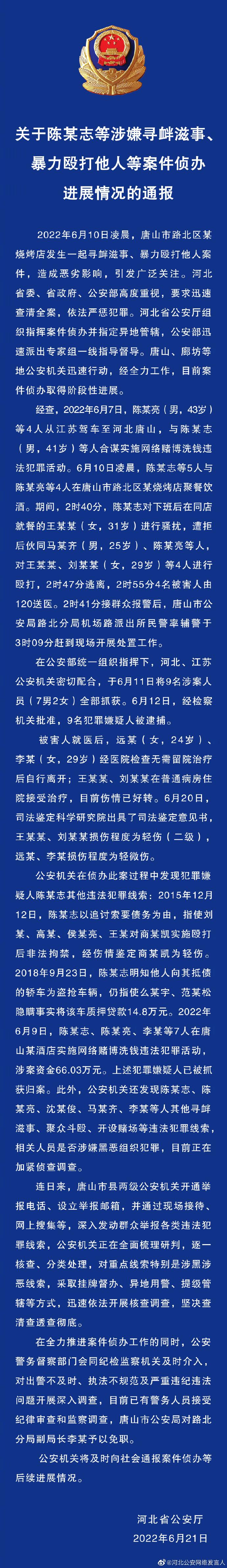 　　▲6月21日，河北省公安厅发布《关于陈某志等涉嫌寻衅滋事、暴力殴打他人等案件侦办进展情况的通报》。图/河北公安网络发言人官方微博