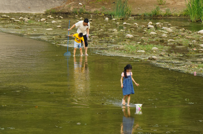 在小清河河道戏水的市民