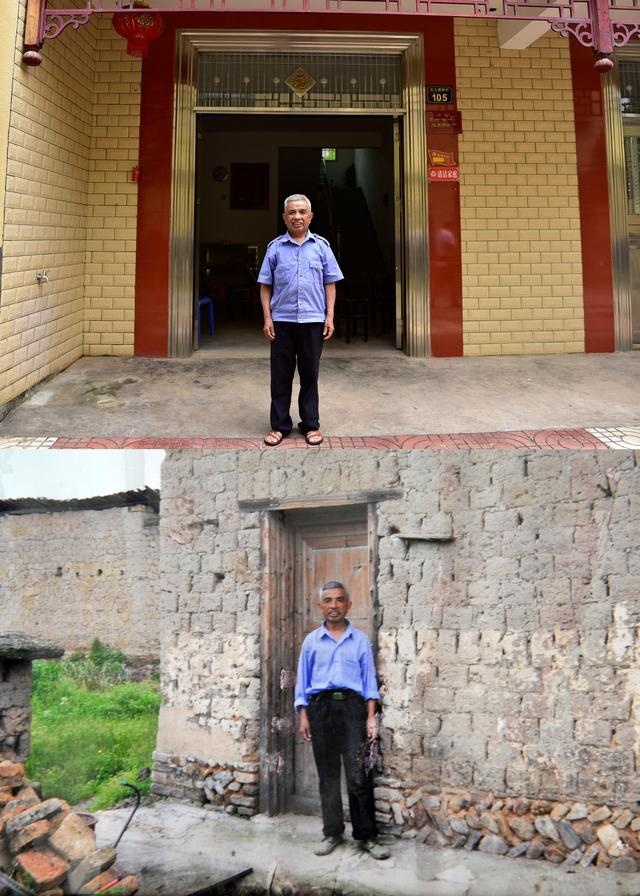 拼版照片。上图：吴传寿在现在住的二层半小楼前留影；下图：吴传寿10年前在自家土坯房前留影。受访者供图