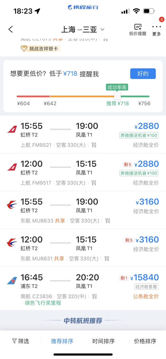 　　29日中午12点东航从上海虹桥飞三亚的航班显示剩余5张票，29日下午4点45分南航上海浦东飞三亚的航班，经济舱票已售罄。 携程app截图