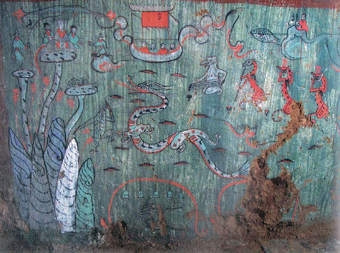 新莽至东汉早期 陕西定边县郝滩1号墓壁画 拜谒西王母乐舞图（局部）