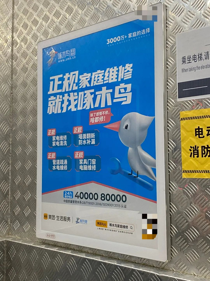 啄木鸟家庭维修电梯广告，《消费者报道》摄