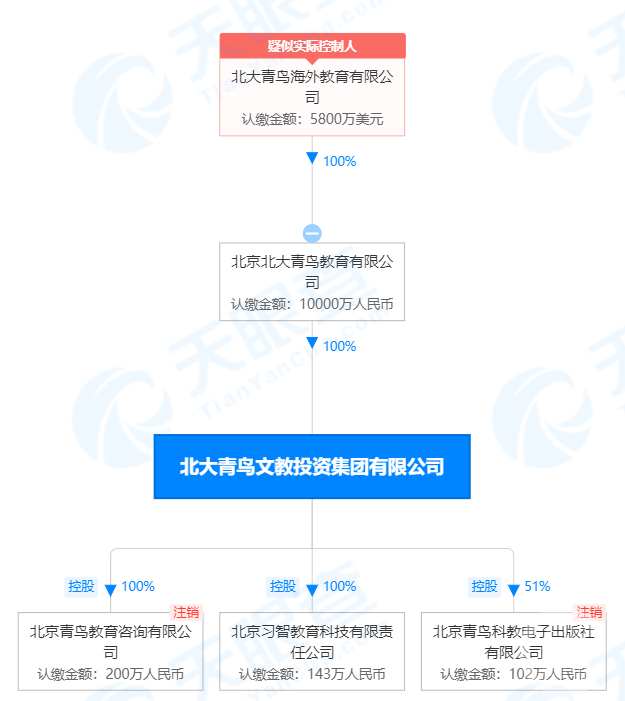 北大青鸟文教投资集团实控人为外商独资企业。  图片来源：天眼查