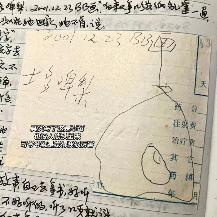 爷爷日记里，陈潞年幼时画的草莓。受访者供图