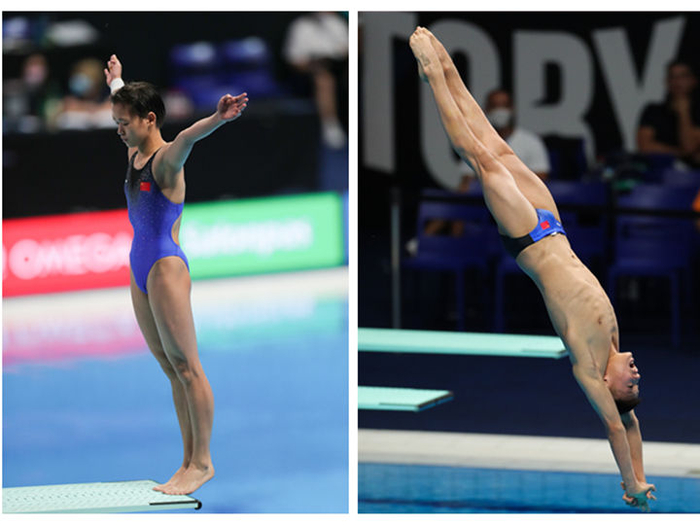 全红婵、白钰鸣在布达佩斯游泳世锦赛比赛中。新华社记者郑焕松摄