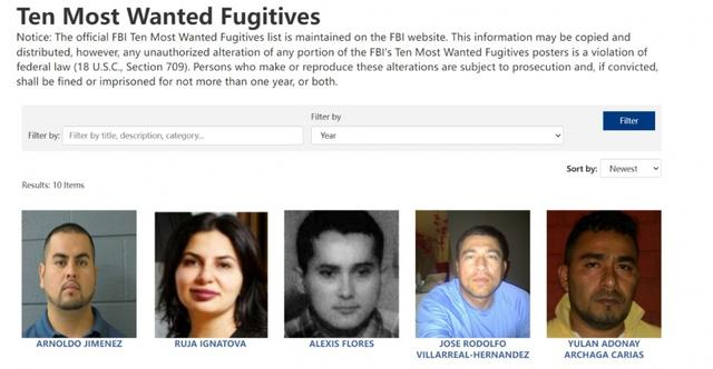 　FBI十大通缉要犯名单，左二为鲁亚·伊格纳托娃