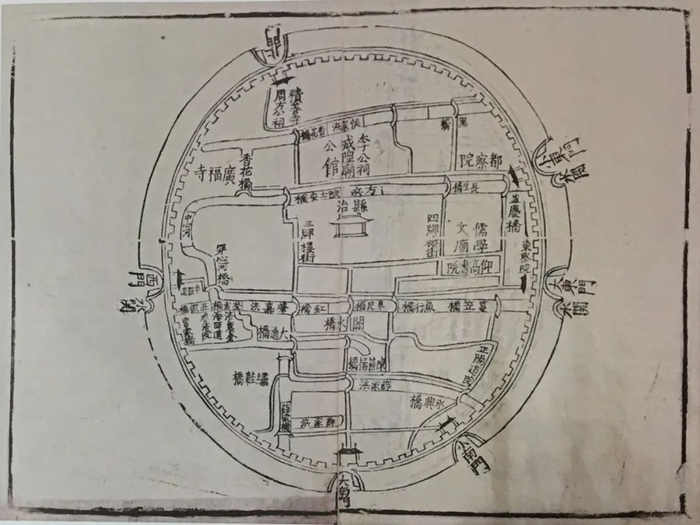 万历《上海县志》中的上海县城图，图中可见格格城门，以及道署（县治）、学宫（文庙）、书院、寺庙（城隍）等