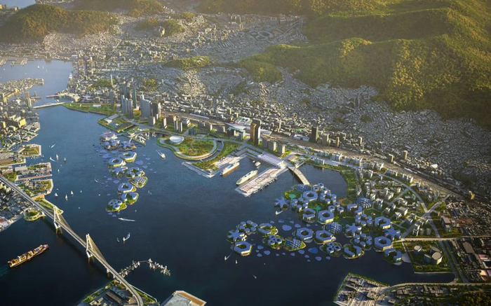 ▲漂浮城市奥西尼克斯-釜山效果图。图/OCEANIX/BIG-Bjarke Ingels Group