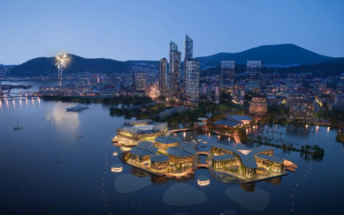 ▲漂浮城市奥西尼克斯-釜山效果图。图/OCEANIX/BIG-Bjarke Ingels Group