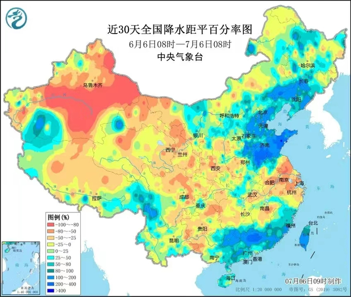 近30天全国降水距平百分率图（6月6日8时-7月6日8时）。中央气象台供图