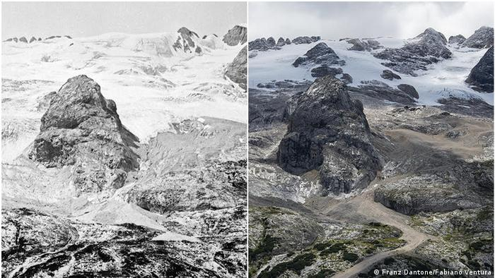 马尔莫拉达冰川 1880年景象（左，Franz Dantone 拍摄）和2020年景象（右，Fabiano Ventur 图）