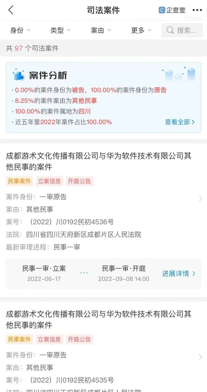 成都游术文化传播有限公司今年4月起多次起诉多家互联网公司