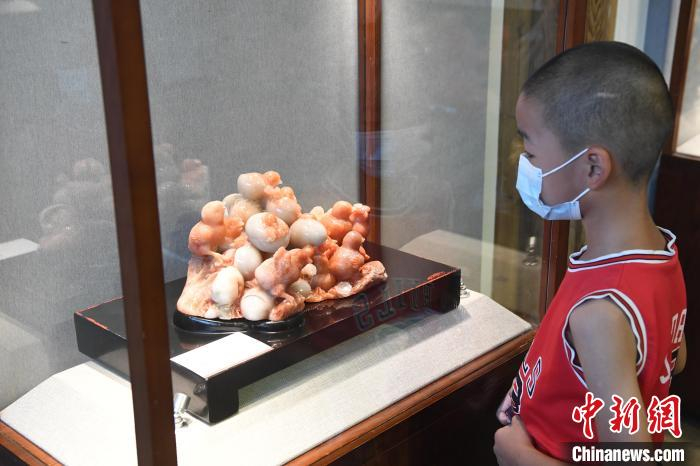 由中国工艺美术大师林东创作的寿山石雕刻作品《新生》吸引观众眼球。　记者刘可耕 摄