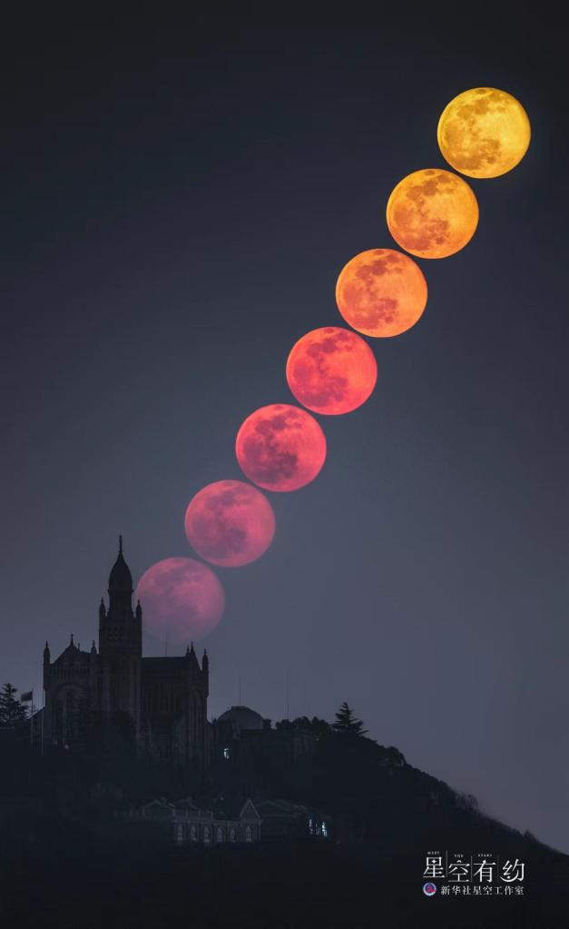 这是上海市天文爱好者申然2022年1月18日在上海佘山拍摄的满月月升串像（多张叠加）。星联CSVA供图
