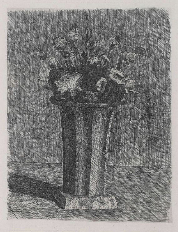 莫兰迪，条纹花瓶与花，蚀刻版画，1924年