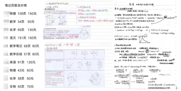 准备出售的学霸的各科笔记和价格。图片来源：网络