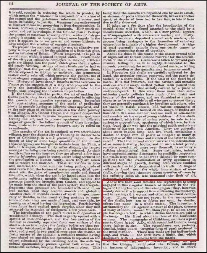 ▲1853年，美国麦嘉湖博士在《艺术学会》期刊发表了论文《中国的珍珠和珍珠制造》