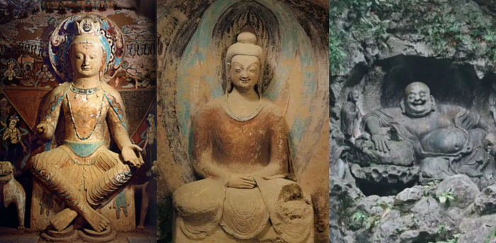 ▲由左至右依次为莫高窟中的交脚弥勒、莫高窟中的北魏禅定佛、宋代飞来峰弥勒佛造像