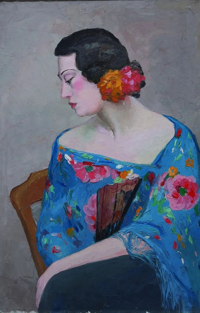 潘玉良，《戴花执扇女子》，油画