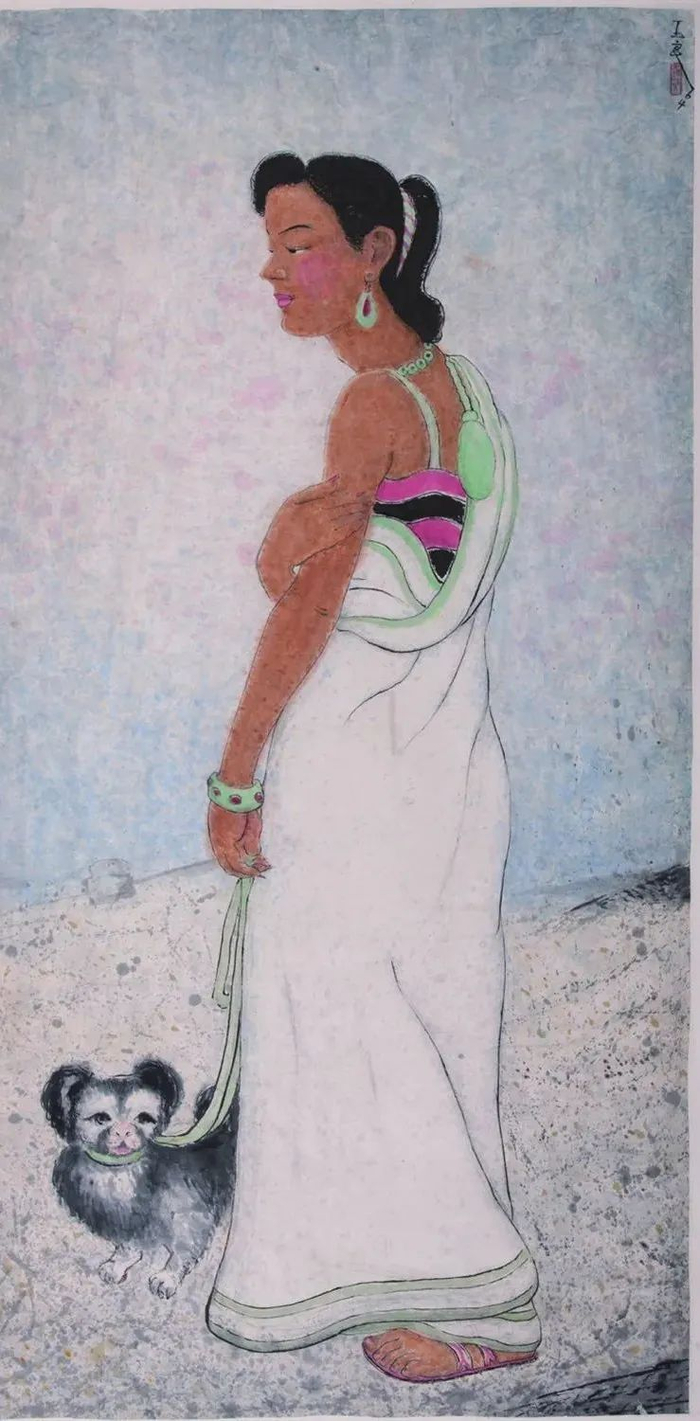 潘玉良，《牵小狗的女郎》，彩墨，1964