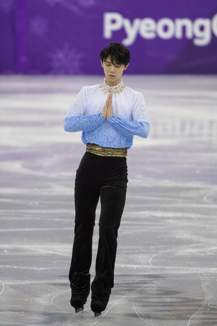 　2018年2月16日，韩国，羽生结弦在平昌冬奥会男子花样滑冰比赛中。