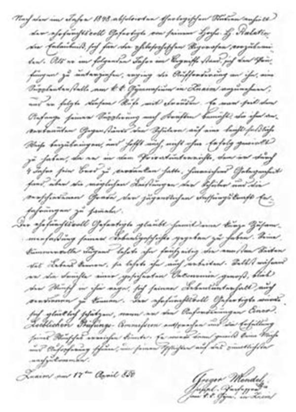 孟德尔1882年3月5日写的抗议书的末页（来源：Iltis H. 1924）