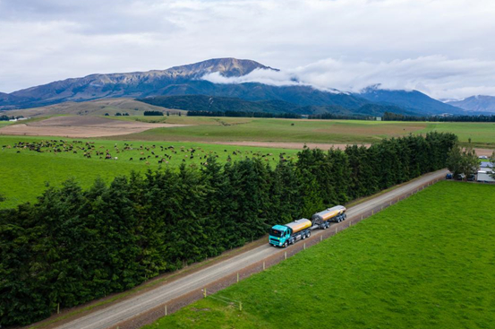 　　威士兰乳业奶罐车行驶在西海岸牧场