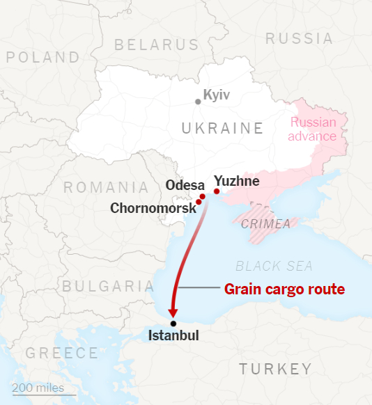乌克兰粮食运输路线。图自《纽约时报》