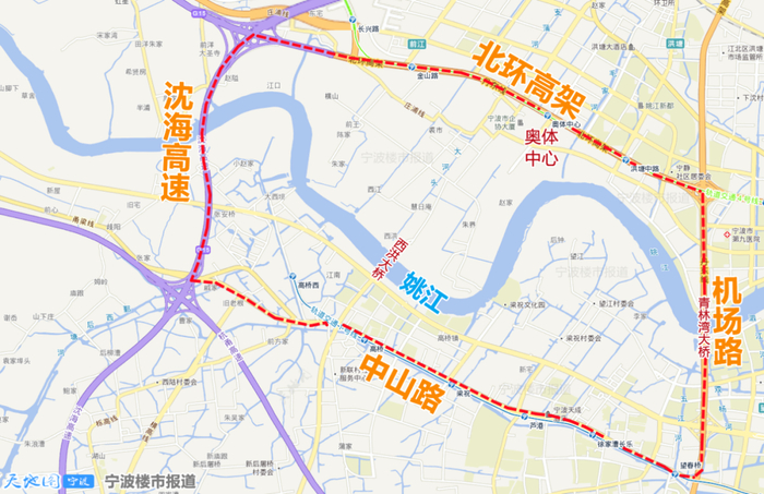 姚江两岸片区规划核心范围示意。据“天地图 宁波”标绘