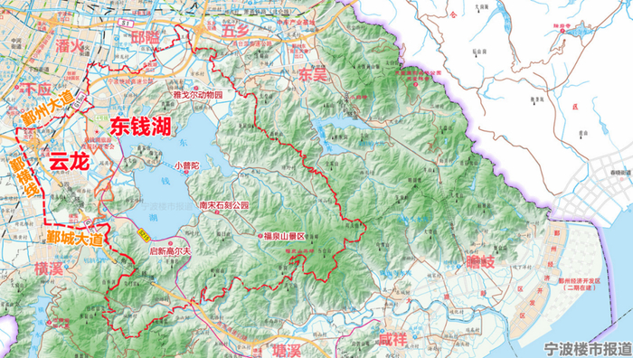 东钱湖-福泉山片区重点规划范围示意。据《鄞州年鉴2021》所附鄞州区地图局部标绘